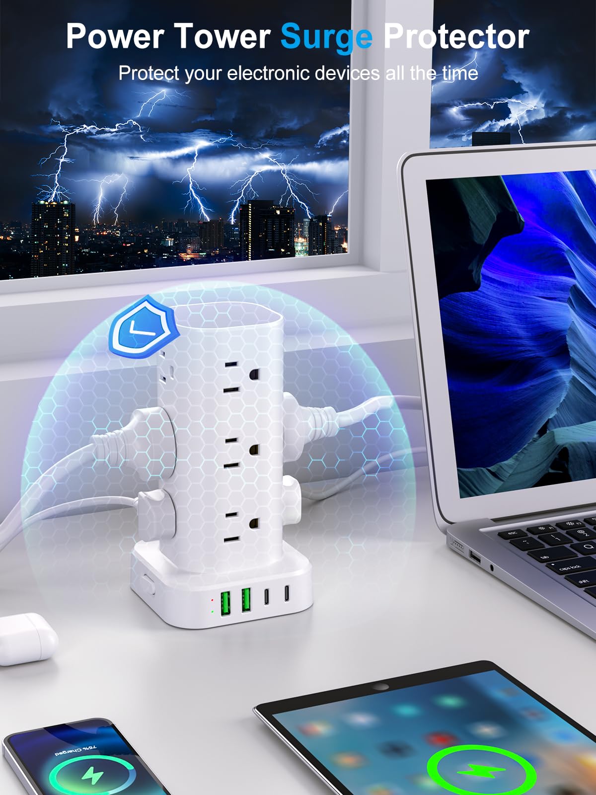 Torre multipresa con caricabatterie wireless, torre di protezione da sovratensioni a spina piatta con cavo di prolunga da 1,8 m, 12 prese multiple AC, 4 USB (2 USB C), torre