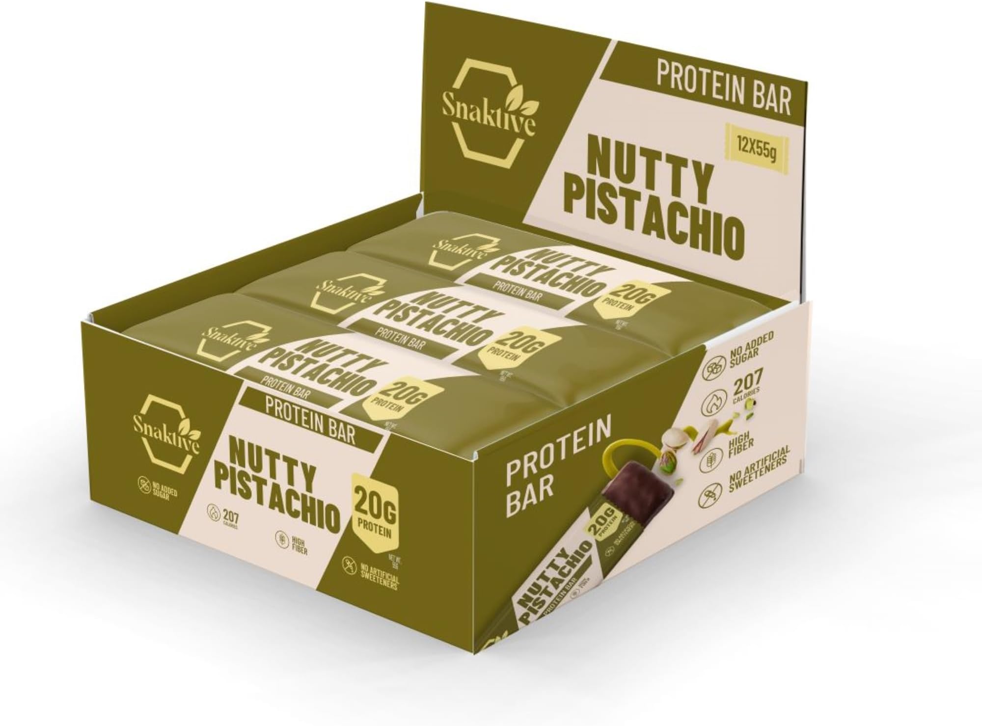 Nutty Pistachio Protein Bar, High Protein and High Fiber Natural Clean Bar, 55G Crunchy Bars, Pre & Probiotics (12 Protein Bars, Pistachio)