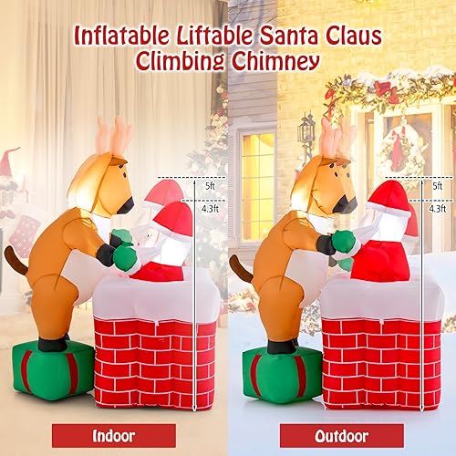 Miniatura 9 de Tangkula Chimenea inflable de Navidad de 5 pies con reno de pie en una caja de regalo, decoración de Navidad inflable con luces LED integradas para
