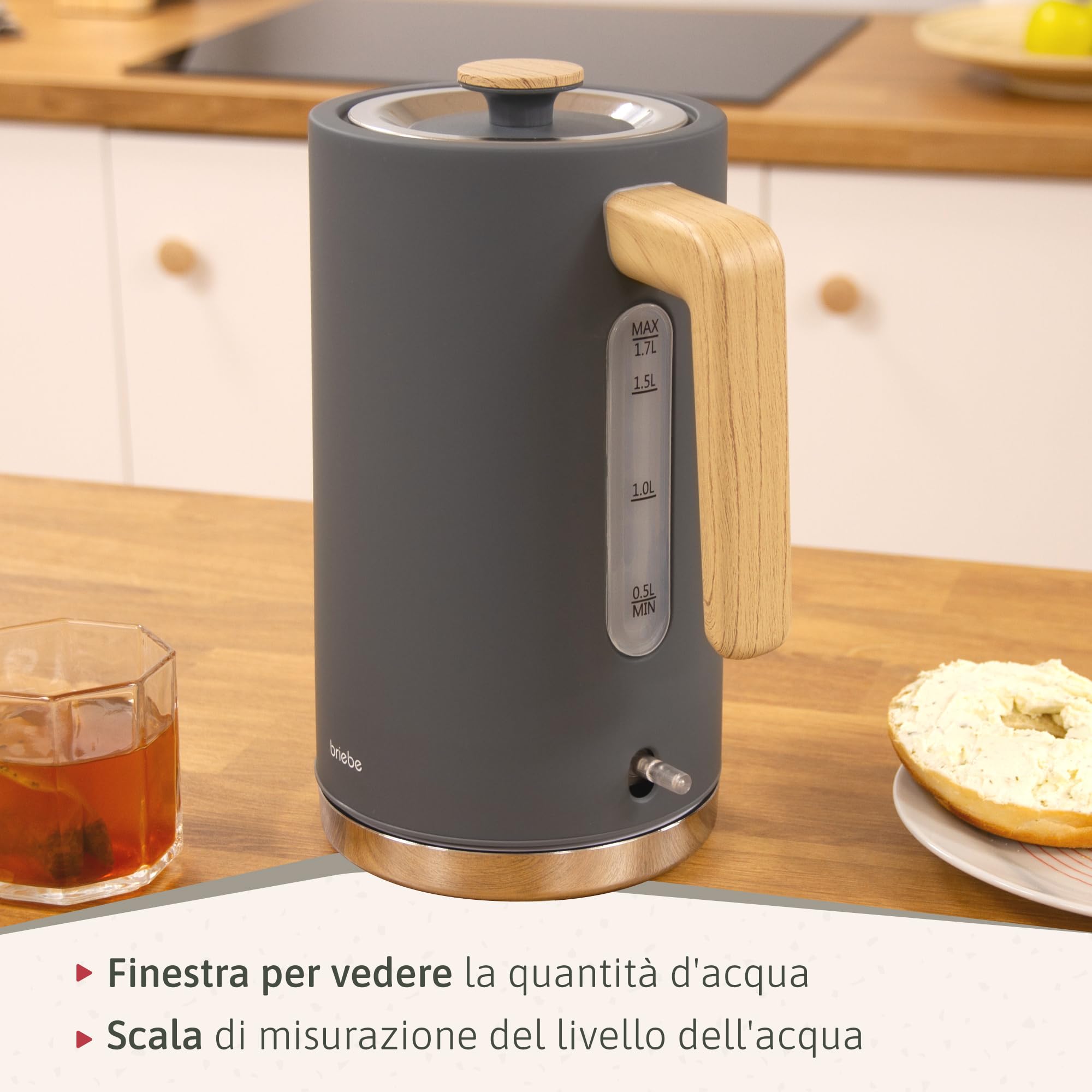 briebe Nordic Tostapane a Fessura Larga a 2 Fette, 6 Livelli di Tostatura, Pinze + Bollitore Elettrico 1,7L Cordless, Ebollizione Rapida 2200 W, senza BPA, Set Colazione Design Nordique, Grigio
