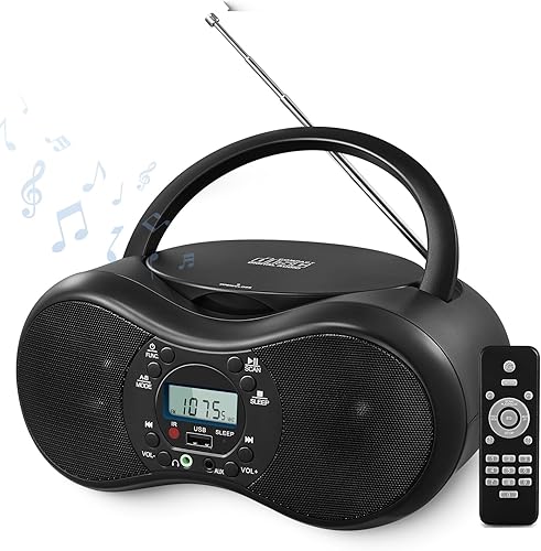 Boombox reproductor de CD portátil para el hogar con radio FM, reproducción de CD-RCD-RWMP3 CDs, control remoto, Bluetooth, puerto USB, entrada