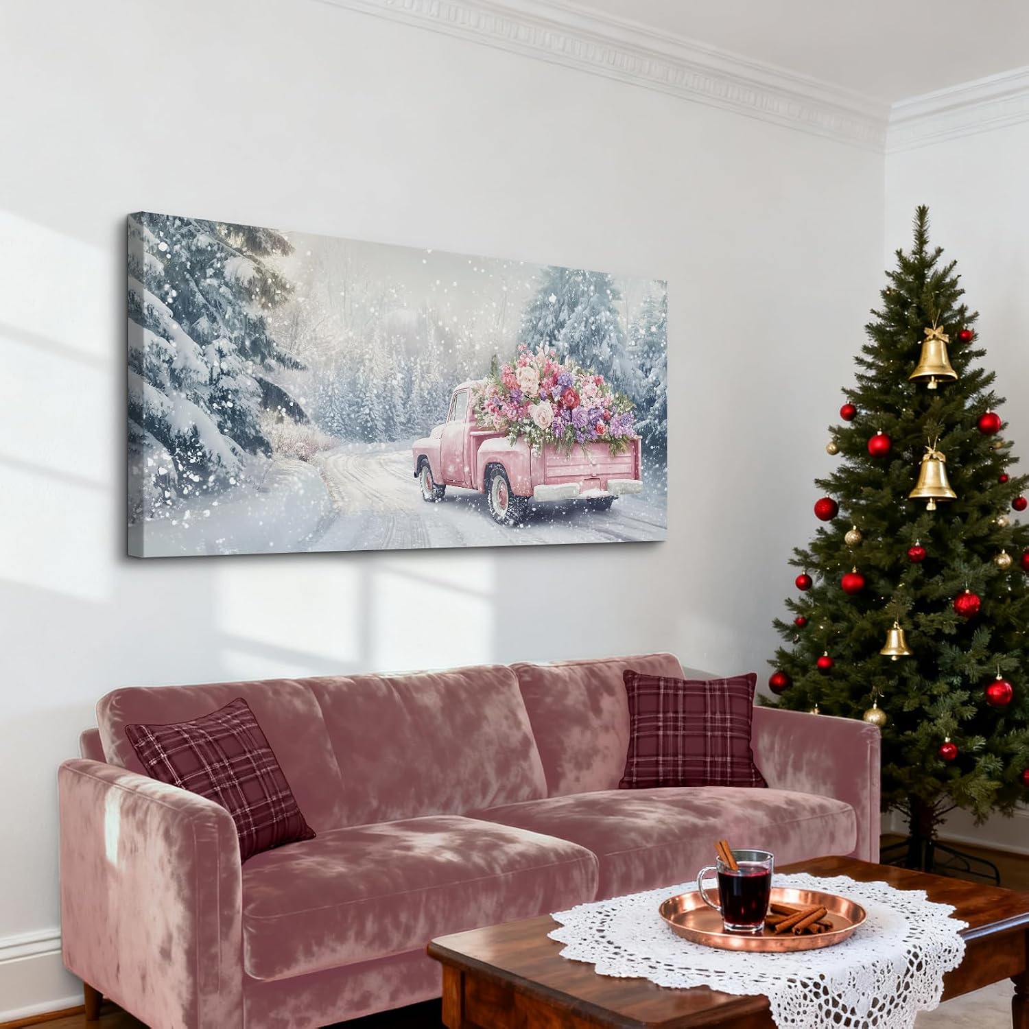 Craftline Vintage Winter Snowy Forest Landscape Canvas Wall Art Rustic Pink Pickup Truck with Rose Flower Landscape Pictures Nature Holiday Christmas Gift Poster Prints Artwork For Farmhouse 32x16”