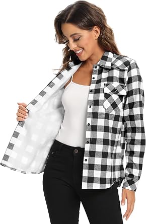 OCHENTA Womens Fleece Lined Plaid Flannel Shirt Jacket Button Down Shacket | Brushed Flannel, Long Sleeve, Chest Pockets, Plaid Shacket for Fall, Winter, Outdoors, Matching Holiday