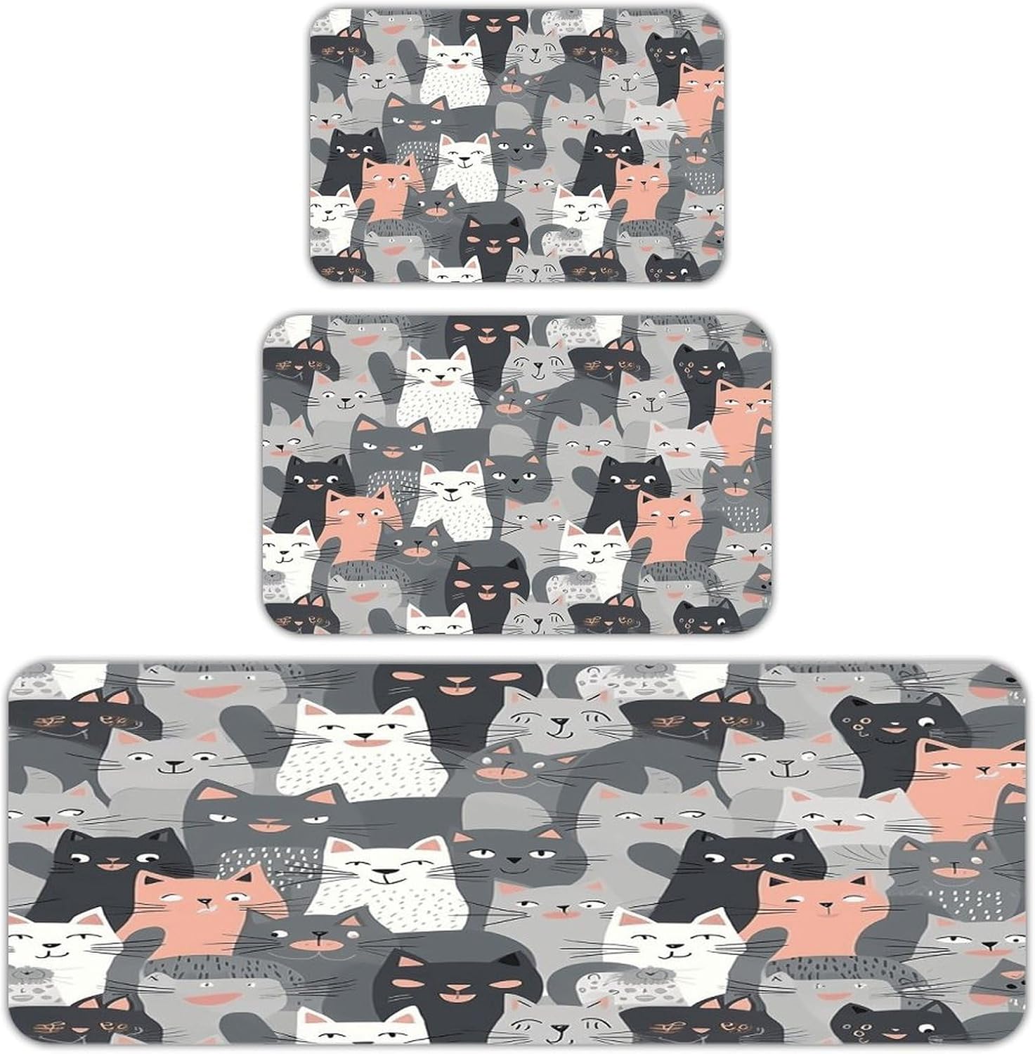 Cute Funny Grey Cats Pattern Kitchen Rugs Sets of 3 Non Slip Kitchen Mats for Floor Farmhouse Kitchen Sink Mat Thick Comfort Standing Mat for Laundry Room Hallway Bathroom