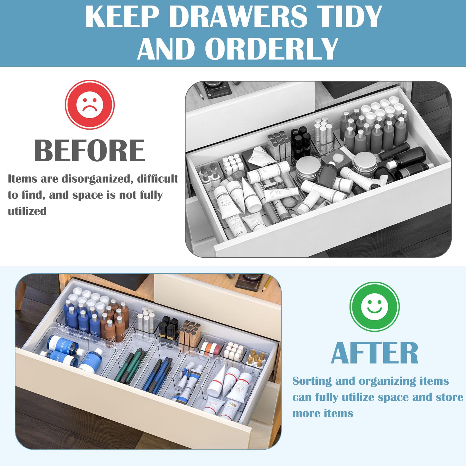 15 organizer per cassetti estensibili, trasparenti, regolabili, organizer per cassetti da scrivania, bidoni in acrilico per trucchi, cosmetici, utensili da cucina e ufficio
