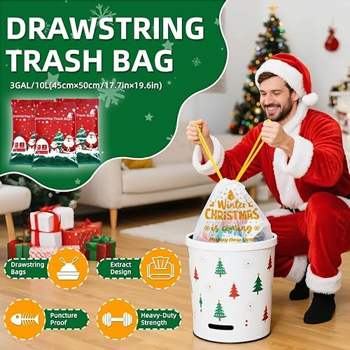 Miniatura 3 de Bolsas de basura doradas de Navidad de 3 galones 50 bolsas de basura pequeñas con cordón impresas navideñas, forros de basura impresos festivos,