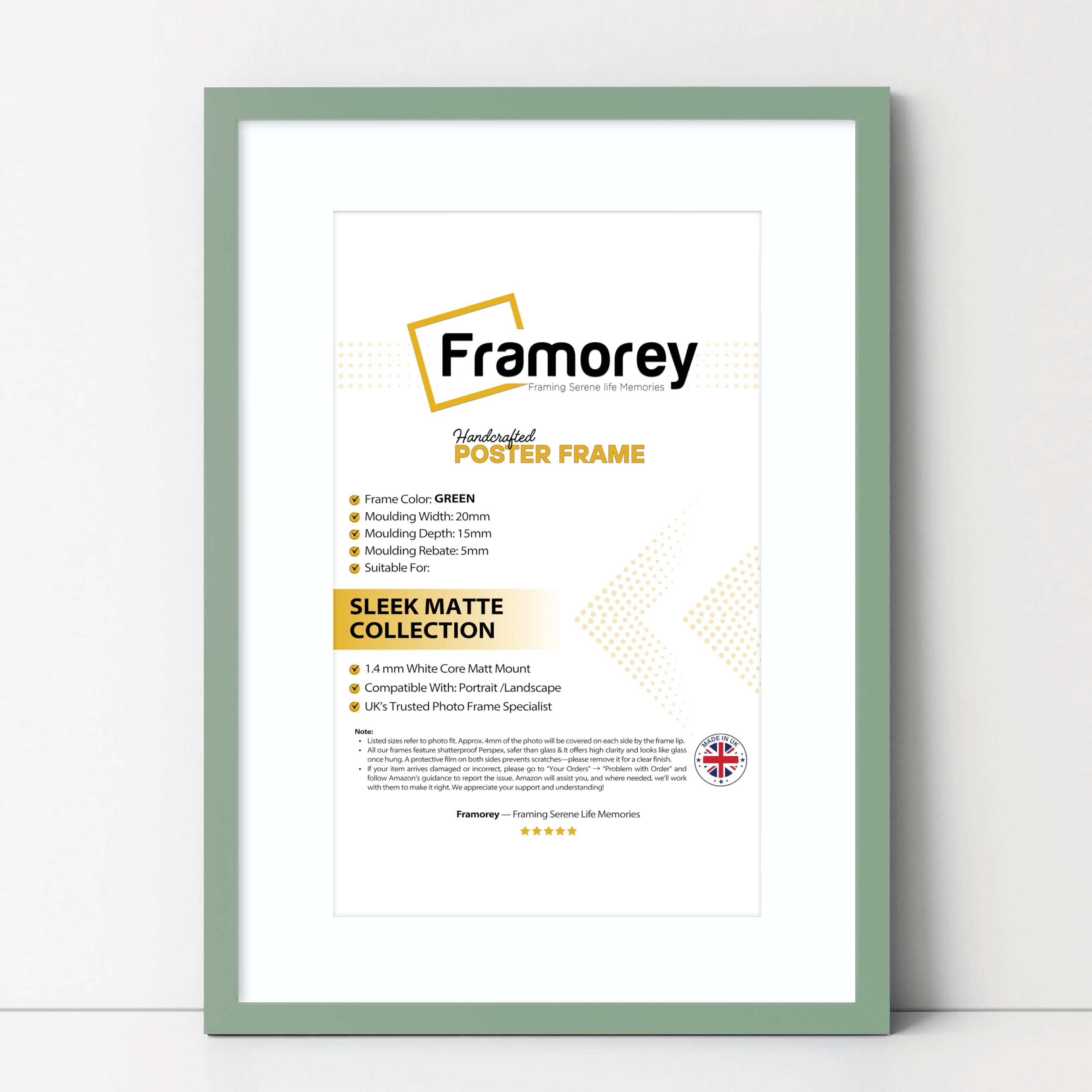 Framorey Framing Serene Life Memories Green With White Mount Framorey Thin Matt Green Photo Framess 14X12" Size Picture Frame With 12X10" Size White Mount, Flat Wooden Effect Photo Framess, Home Décor Wall Art Poster Frame