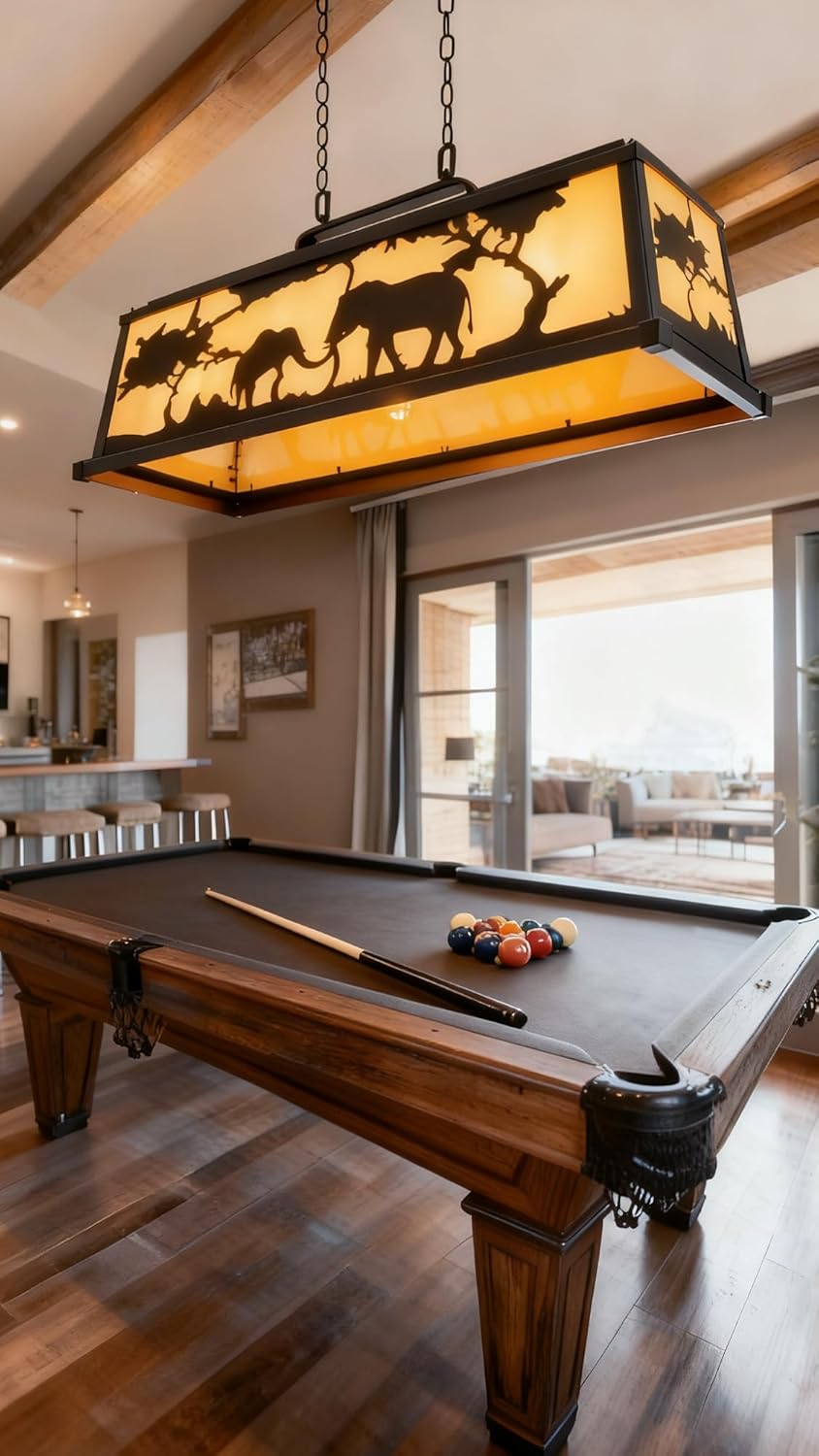 43" Elephant Pool Table Light for Game Room, Black Linear Pendant Lighting with African Wildlife Silhouette, Rustic Metal & Acrylic Island Chandelier for Billiard Table, Bar, Kitchen, E26 Base