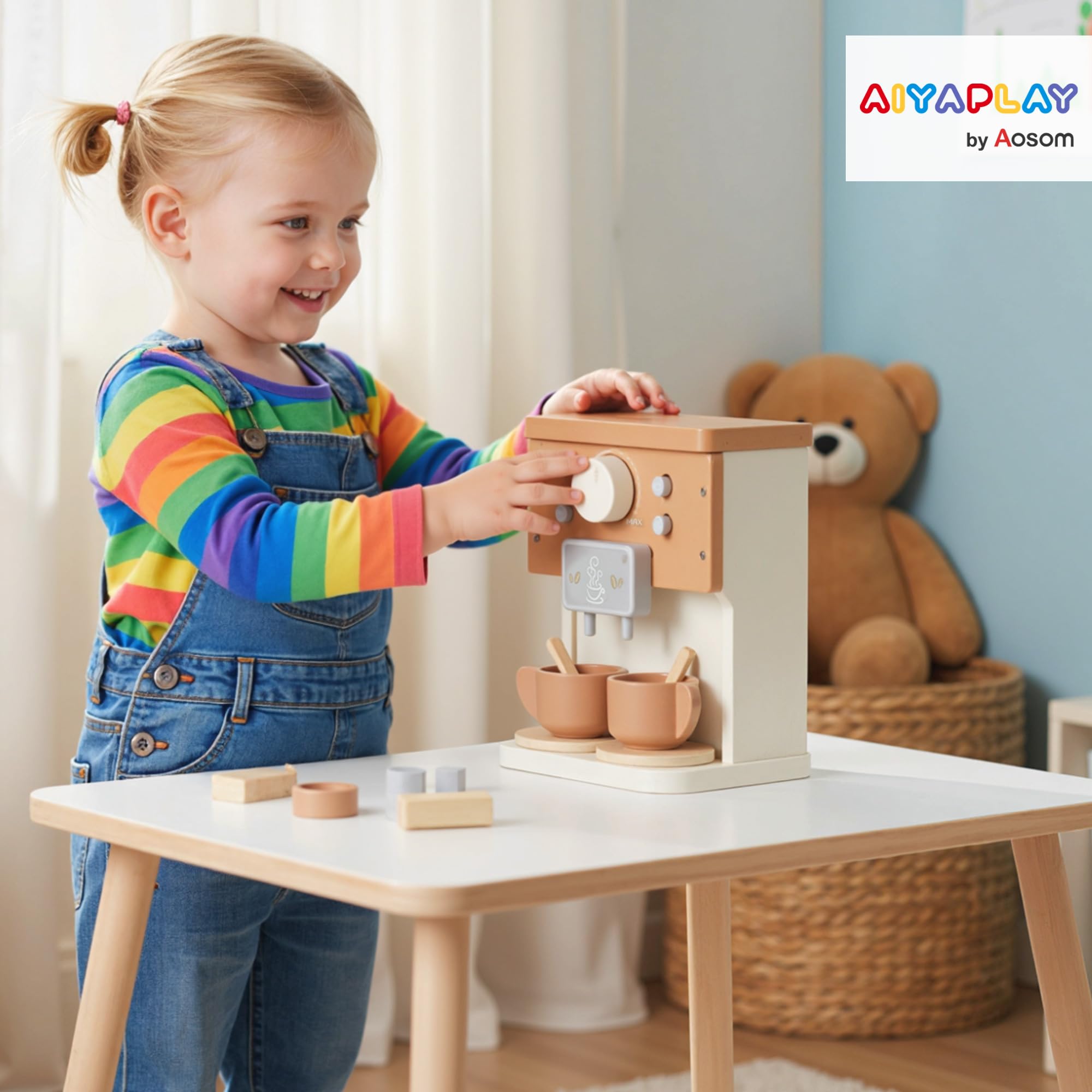 AIYAPLAY Set Macchina del Caffè Giocattolo in Legno, Gioco in Legno per Bambini da 3 Anni in Su con Pulsanti e Accessori, Marrone