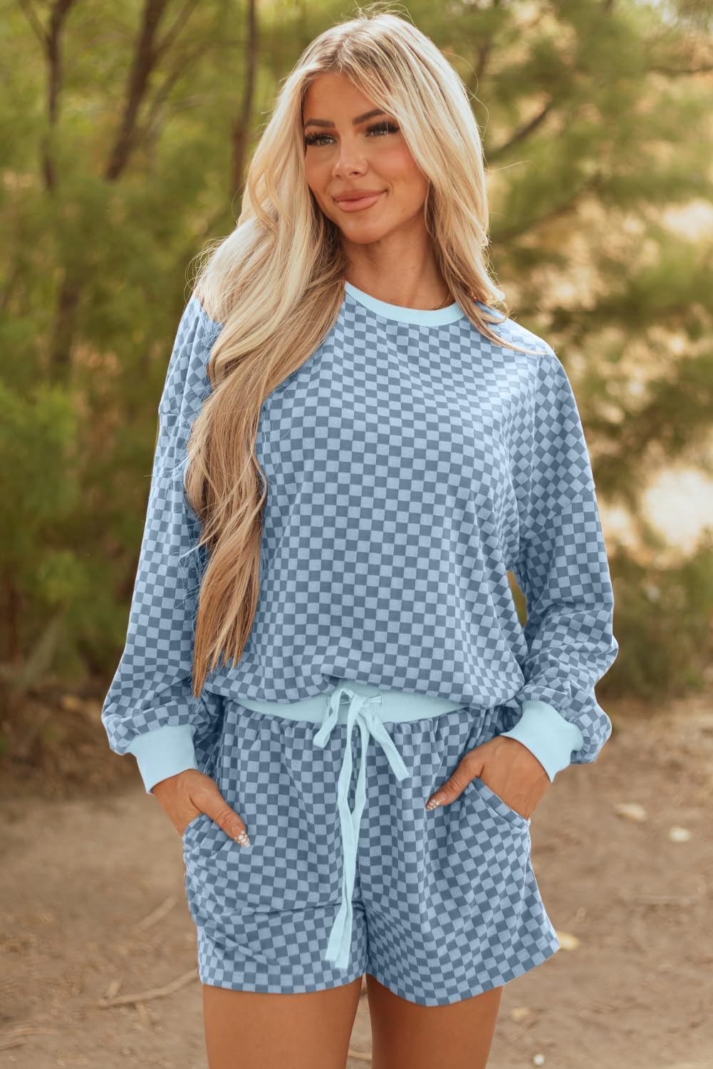SELINK Womens Casual Checkerboard 2 Piece Outfits Long Sleeve Pullover and Shorts Set Plaid Daily Sweatsuit