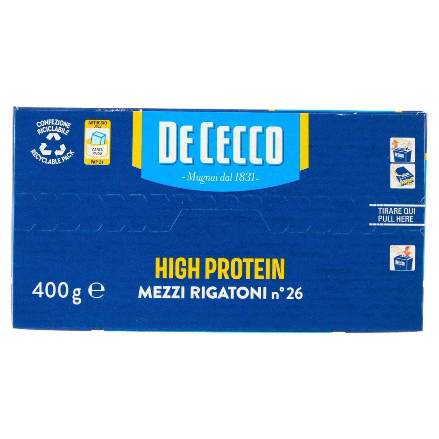 Italian Gourmet Pasta Mezzi Rigatoni proteica High Protein vegan 12 x 400g | 30% Eiweiß / ideale per sport, Muskelaufbau, Meal Prep, schnelle Gerichte, Gesamtnettogewicht 4,8 kg + Kostenlos Polpa 400g