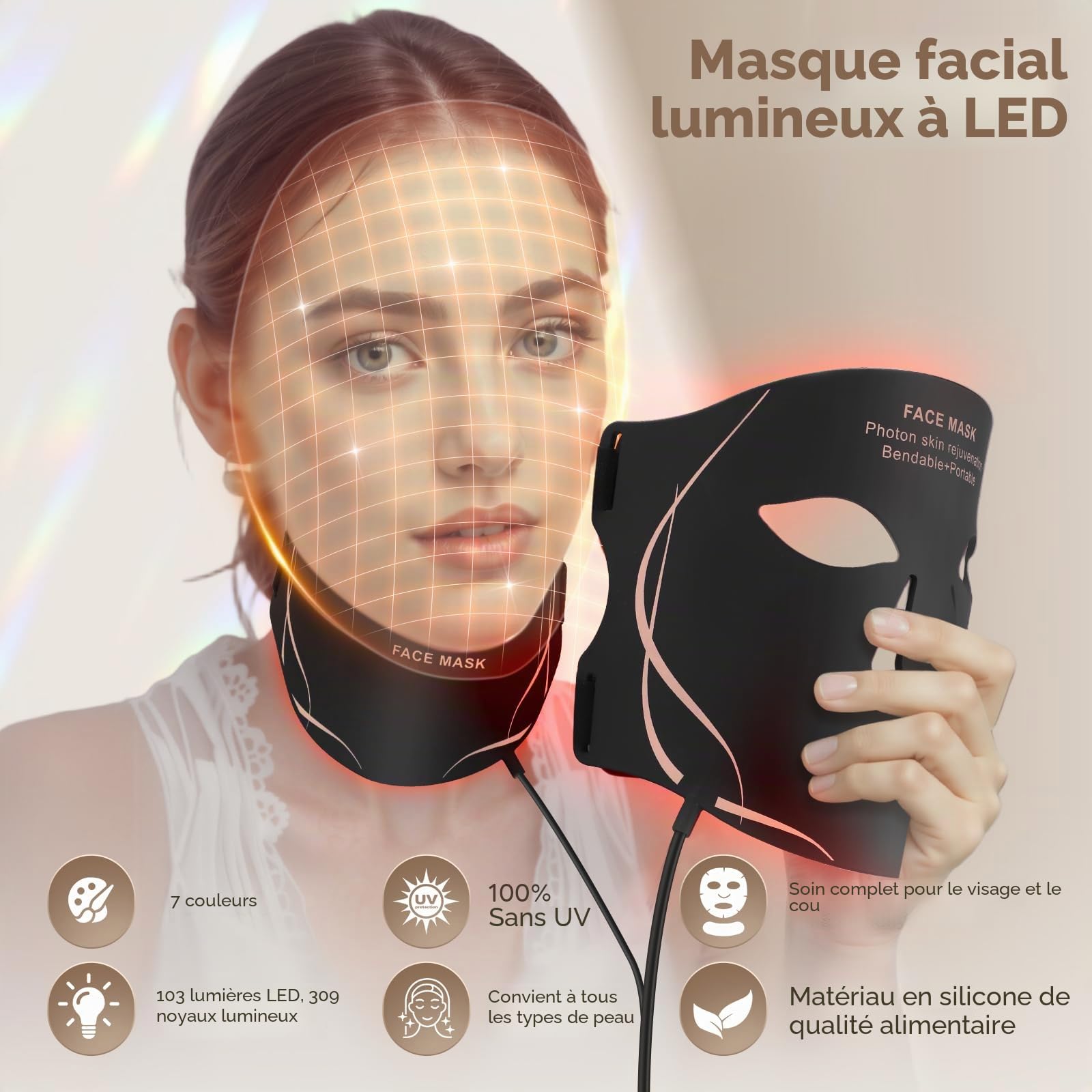 Masque facial LED thérapie pour le visage et le cou, raffermissement, masque visage, beauté
