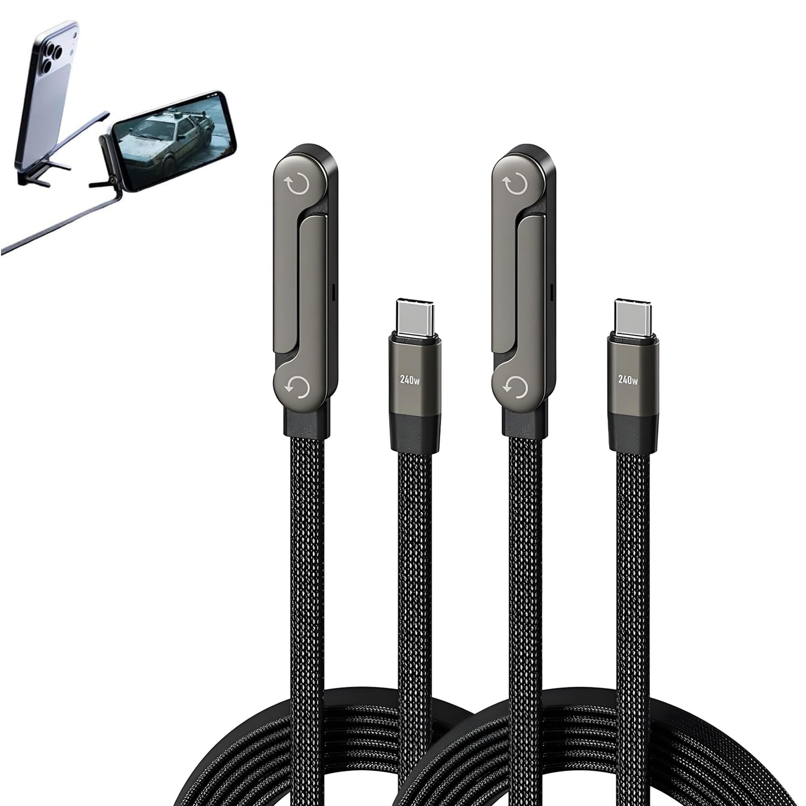 Niewidoczny kabel do ładowania 2 w 1 – typ C na typ C, 240 W PD kabel do szybkiego ładowania z regulowanym metalowym stojakiem 90° do iPhone'a 15-17 / smartfonów / tabletów (2 szt.)