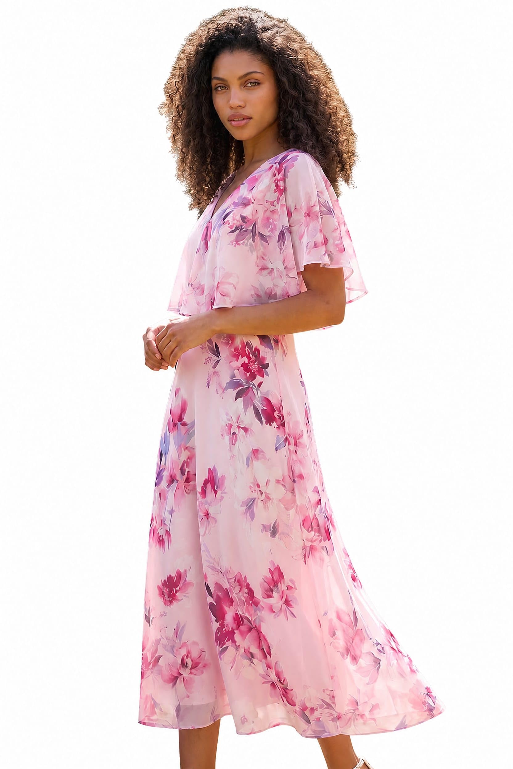 Roman Petite Floral Cape Chiffon Midi Dress, Pink, Size 8, Women