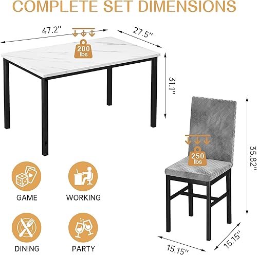 Miniatura 3 de Recaceik Juego de mesa de comedor para 4, moderno juego de mesa de comedor de 5 piezas de mármol sintético y 4 sillas tapizadas de terciopelo, juego