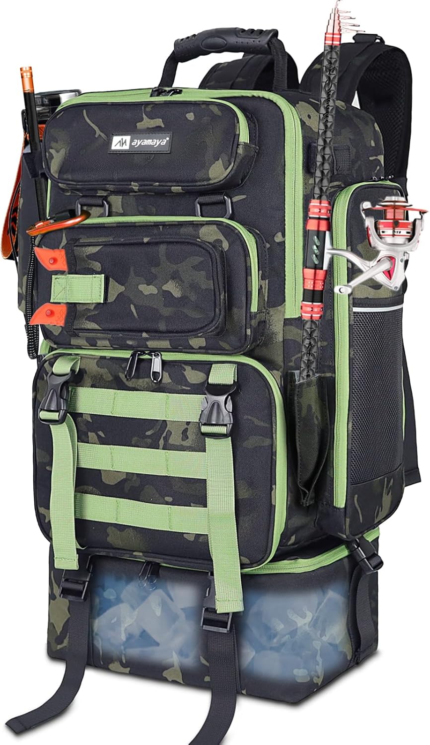 ayamaya Fishing Backpack with Cooler, 45L Tackle Backpack with Rod Holders & Insulated Lunch Bag, Large Outdoor Fishing Bag for 4 Tackle Boxes & Gears