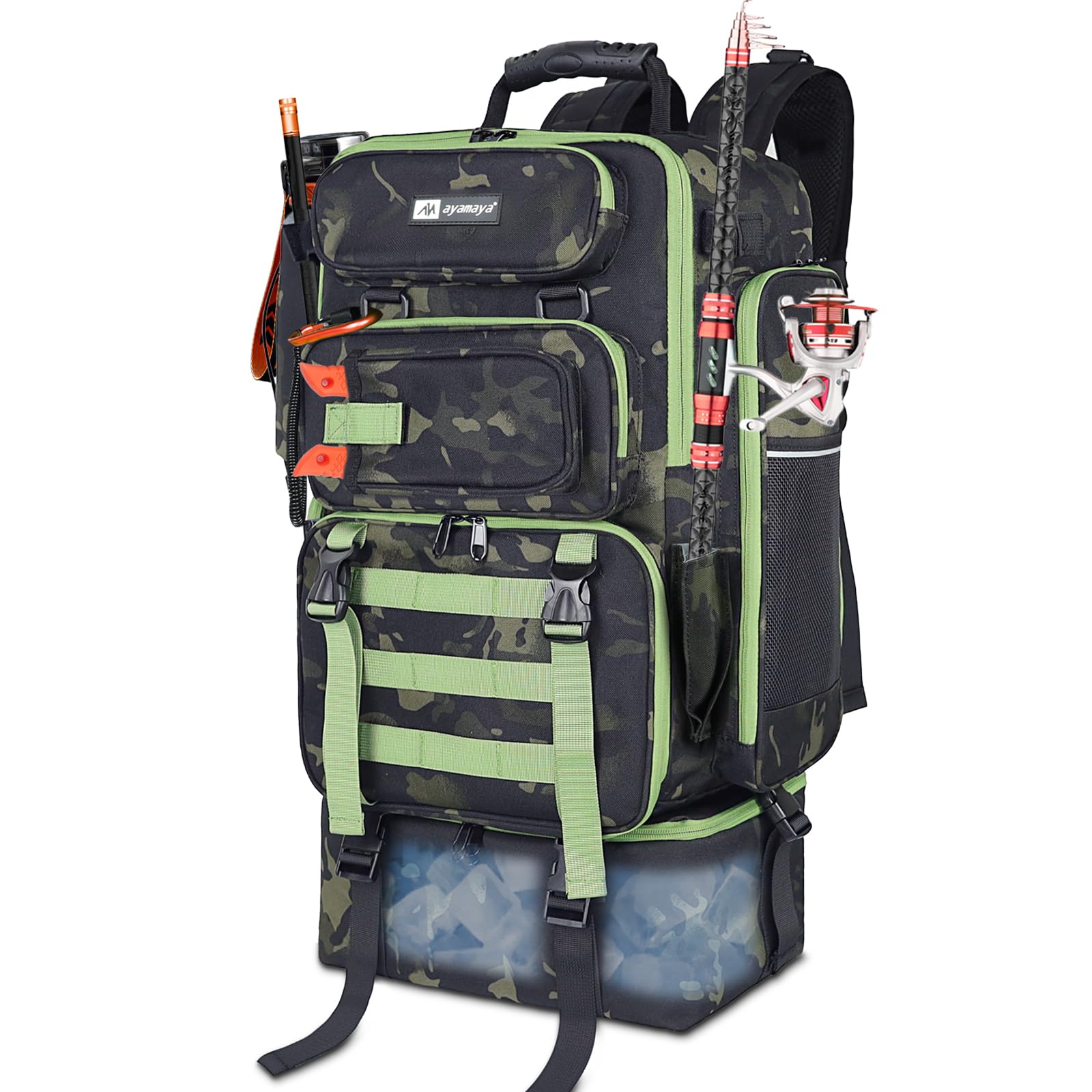 ayamaya Angelrucksack mit Kühler, 45 l Tackle-Rucksack mit Rutenhaltern und isolierter Lunchtasche, große Outdoor-Angeltasche für 4 Angelboxen und Ausrüstung