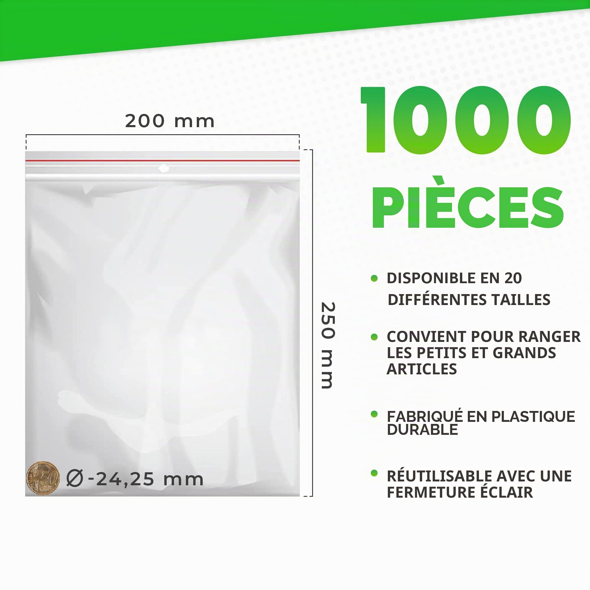 V1 TRADE Sachets Zip – Sachets Plastiques 200 x 250 mm – 1000 Pièces