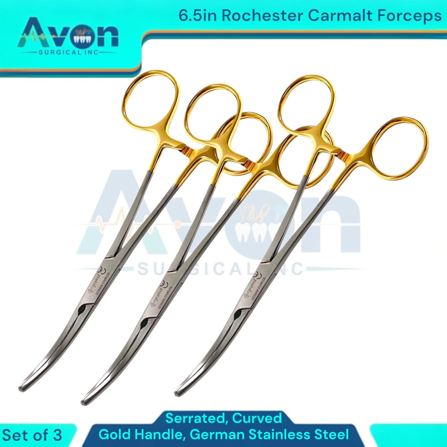 Pack of 3pcs - German Stainless Steel Gold Handle Rochester Carmalt Hemostat Forceps, 6.5 Inches, Serrated Jaws with Longitudinal Grooves