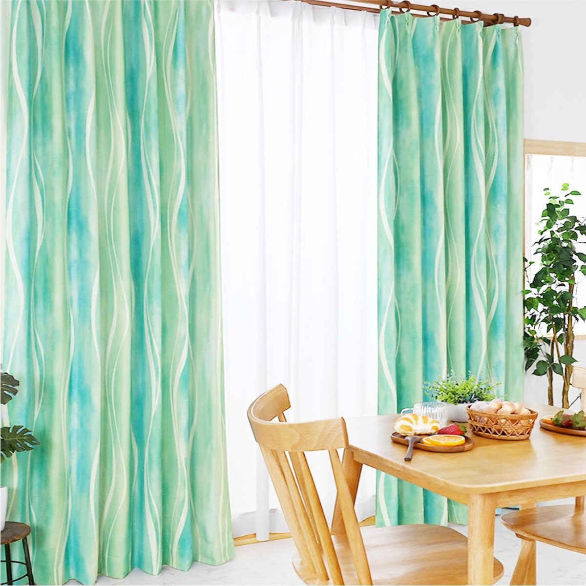 遮光カーテン＋レースカーテン（カティア） 高級光沢あり 花 緑 遮光カーテン＋レースカーテン（カティア） 高級光沢あり 花 緑