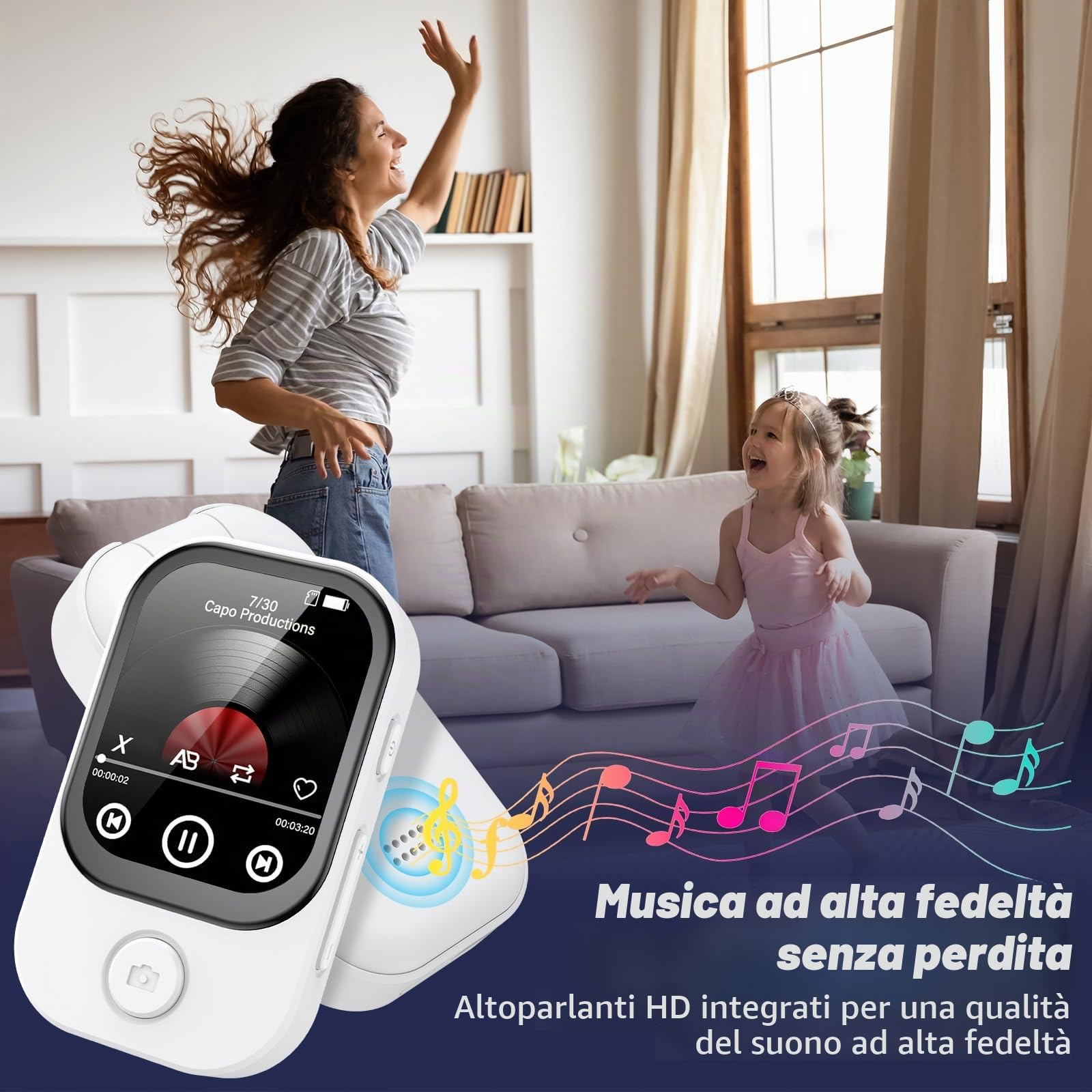 64GB Lettore MP3 Bluetooth 5.4 con fotocamera apribile a 180°, RWSRW, mini lettore musicale HD, altoparlante FM, album fotografico, ideale per Hi-Fi, lettore e-book, contapassi (Bianco)