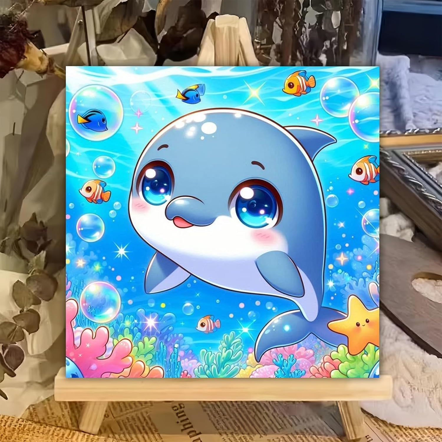 XTCIXAL Paint by Numbers Kit for Kids with Frame, Dolphin, 8X8 inch image 3