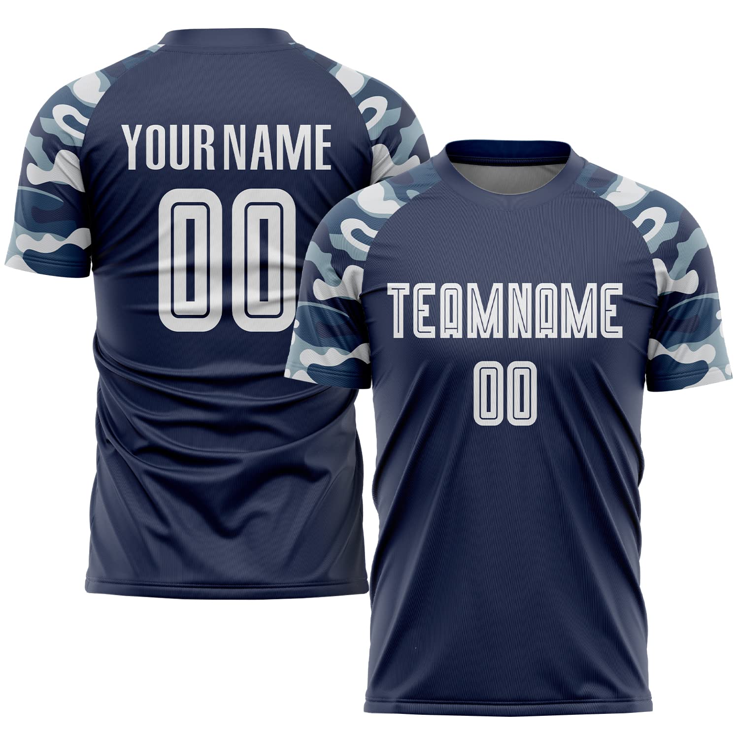 Custom Navy Blue Soccer Jerseys Printed White Name Number Text Personalized T-Shirts Shorts Create Football Team Uniform Camo Short Sleeve for Men Women Kids Boys Novelty Sports Fan Athletic Apparel