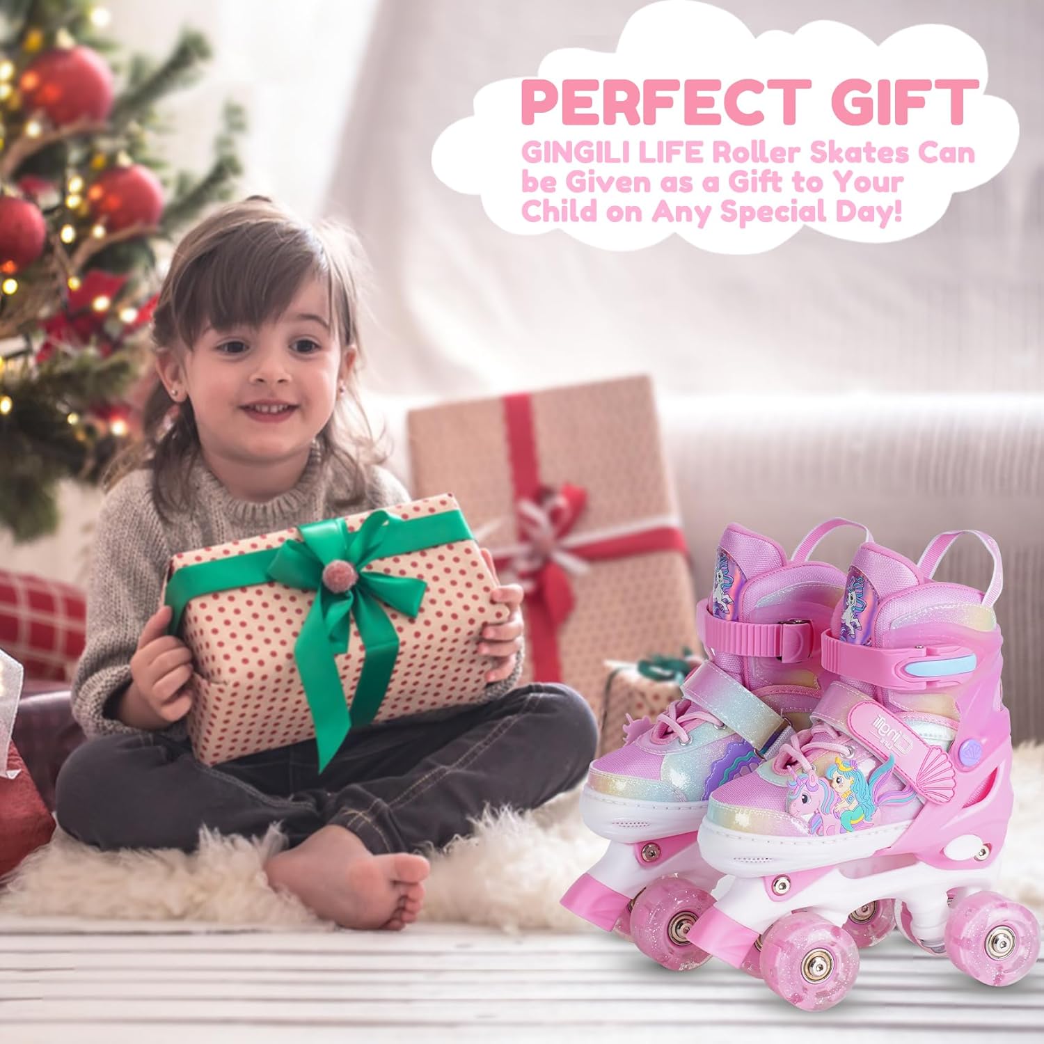 Girls Roller Skates for Kids Ages 3-12 Adjustable Light Up Roller Skates for Toddlers Beginners Boys Unicorn Mermaid Rainbow Gift for Indoor Outdoor Sports