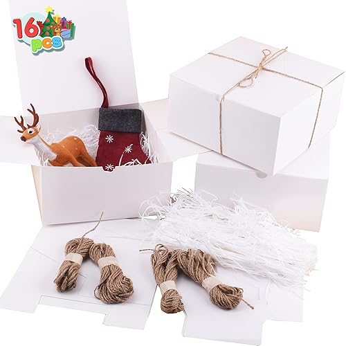 JOYIN 16 cajas de regalo blancas de Navidad, 8 x 8 x 4 pulgadas, cajas de regalo fáciles de montar con cordeles de hierba y papel de rafia para el