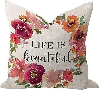 WSDESDEC Life is' Beautiful - Funda de almohada de 26 x 26 pulgadas de arpillera de lino, fundas de cojín cuadradas de flores coloridas para vacaciones, sofá, coche, decoración al aire libre