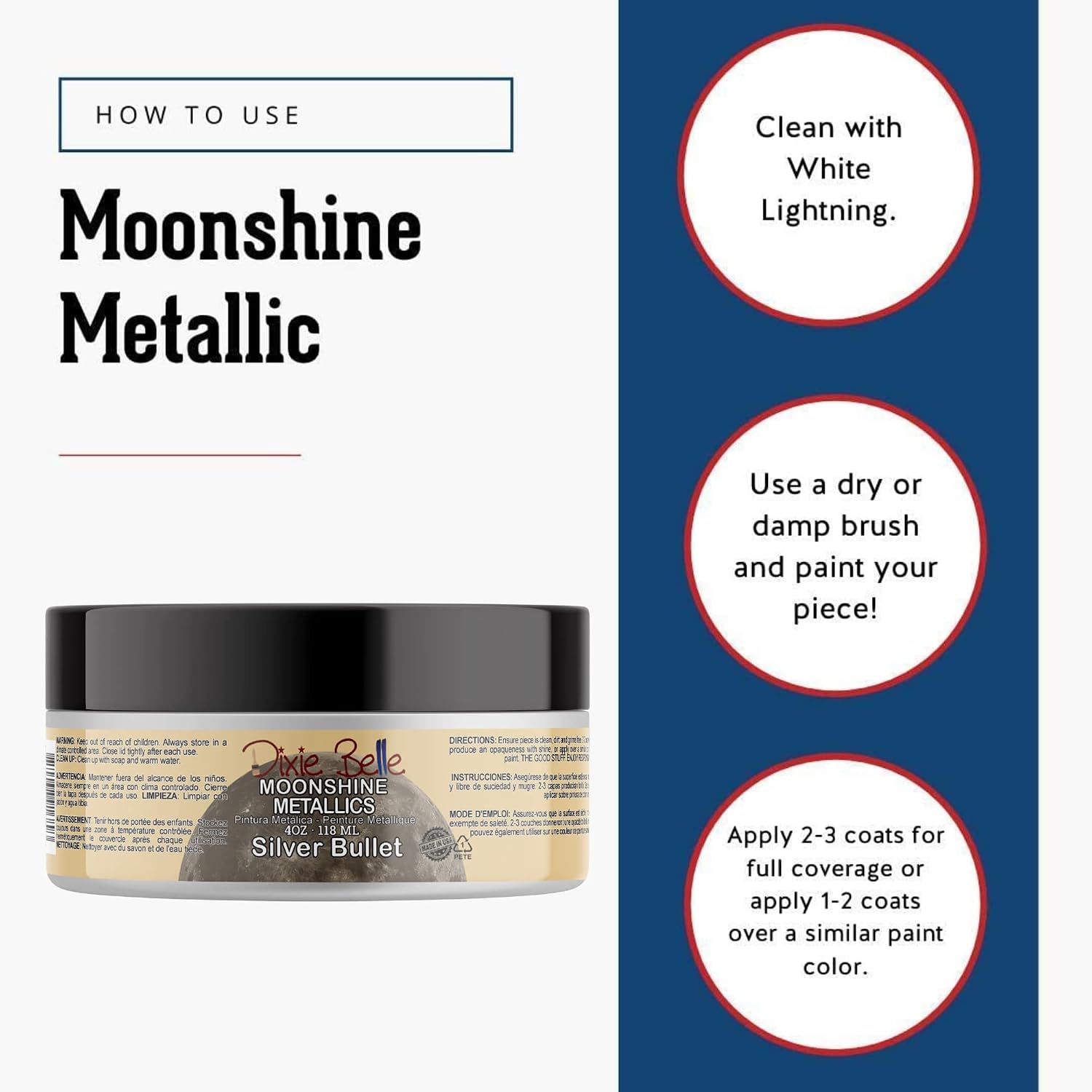 Dixie Belle Moonshine Metallics | Silver Bullet (4oz) | Water-Based Shiny Chalk Mineral Paint | Metallic DIY Furniture Paint