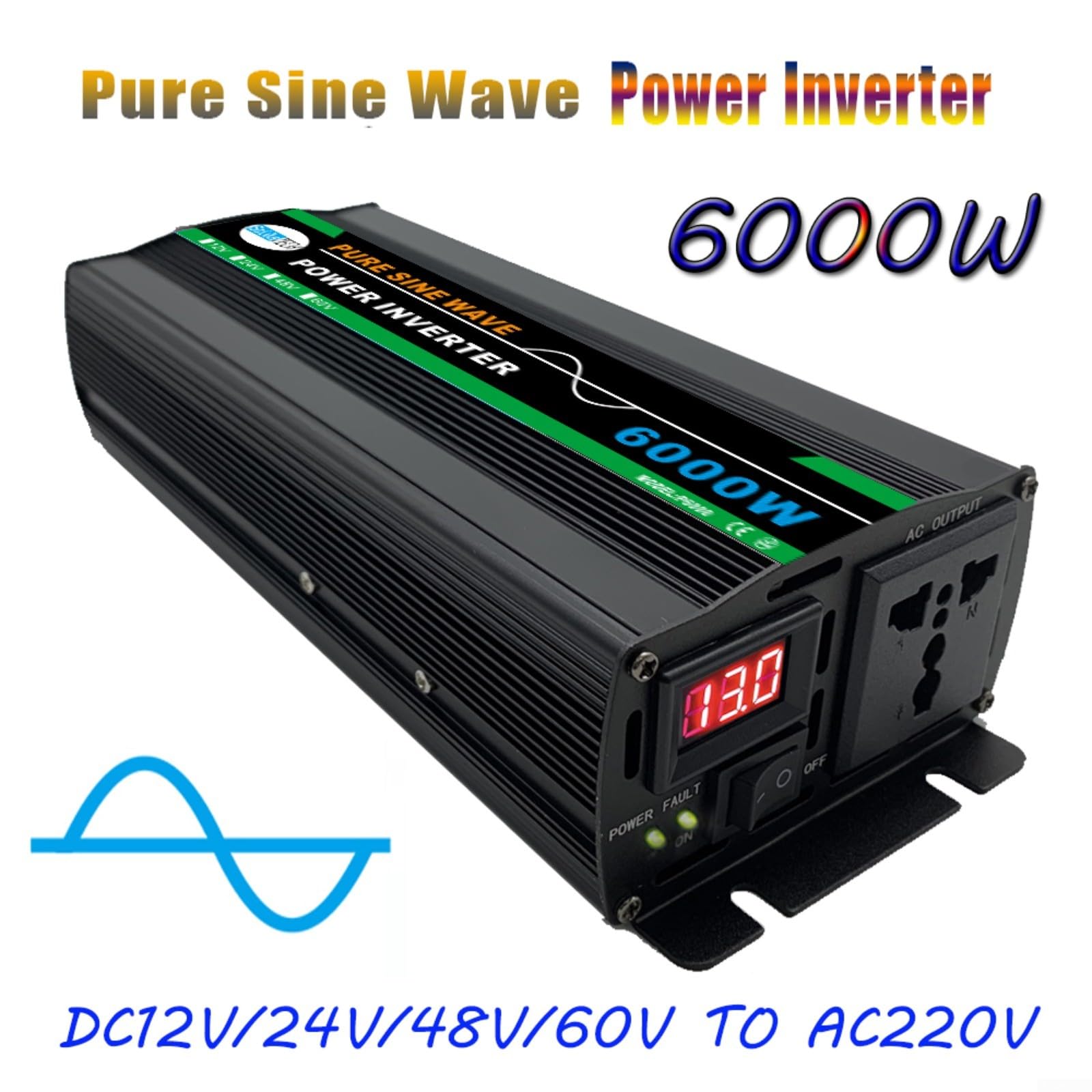 Inversor de corriente de onda sinusoidal pura de 6000 W, con indicador LED para panel solar, hogar, actividades al aire libre (60 V a 220 V)