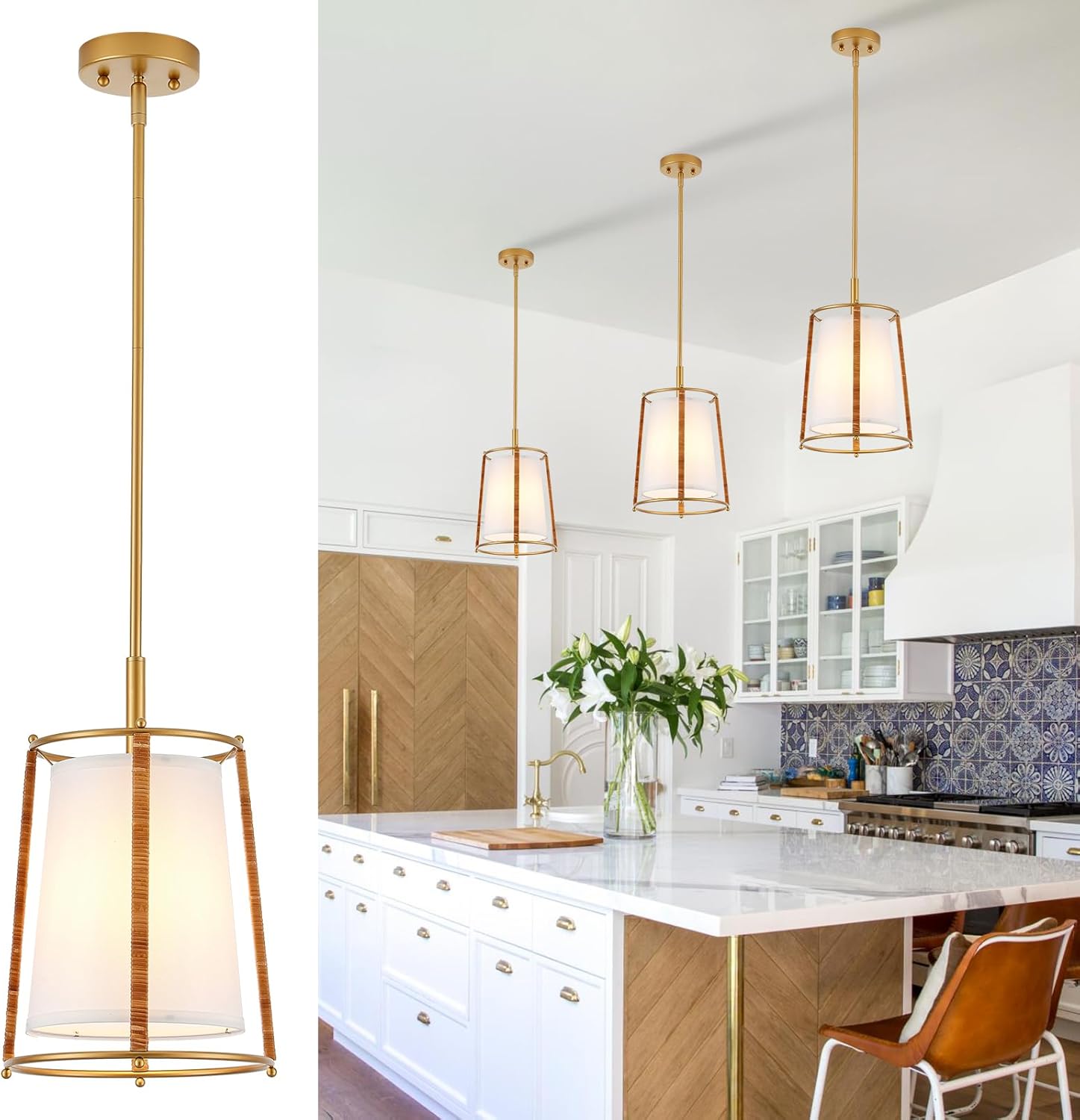 Modern Gold Pendant Lights Fixture, Farmhouse Mini Chandelier with White Fabric Shades Adjustable Hanging Pendant Light Fixtures for Kitchen Island Sink Hallway Dining Room, Dia 10’’, UL Listed