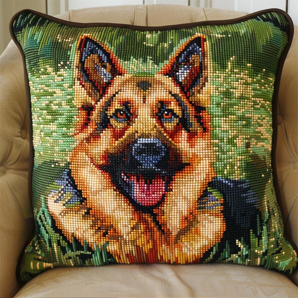 Taxpy DIY Pillow Embroidery Kit German Shepherd Pet Latch Hook Cushion Kits for Adults DIY Crochet Yarn Kits Embroidery Kits Cover Pillowcase 17x17in