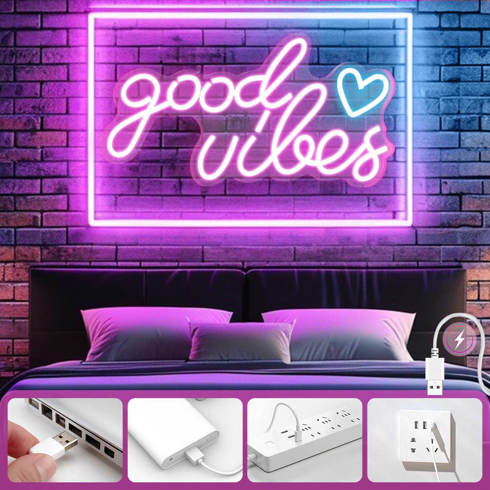 Good Vibes Néon Led, Néon Mural Lettre USB, Pour Chambre à Coucher, Chambre D'Enfant, DéCoration Murale, Bar, Mariage, FêTe
