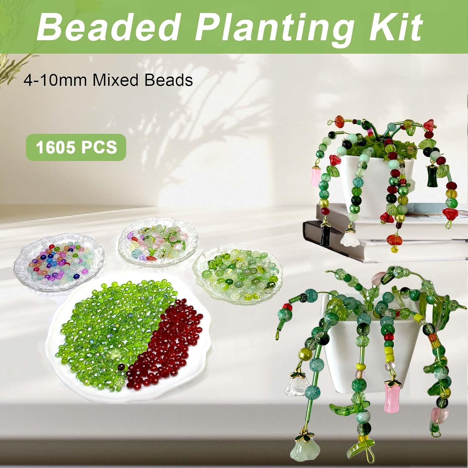 CrzBeadss Green Glass Beads for Beaded Plant with Pot, Crystal Beads - Facete Round Crackle Flower Leaf Tube Bamboo Seed Bead Plant Kit for Succulent Jewelry Making and DIY Crafts Lover Gifts