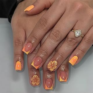 24Pcs French Tip Press on Nails Short Square Fake Nails 3D Flower Autumn False Nails Glossy Full Cover Orange Glue on Nail Fall Acrylic Nails Cute Artificial Stick on Nail for Women Manicure Decor