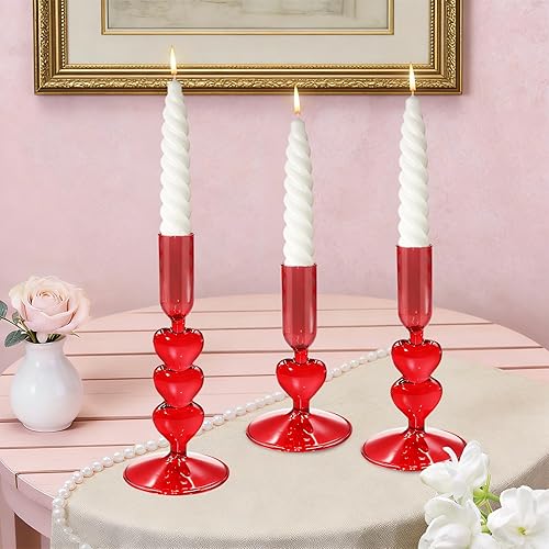 Miniatura 6 de 3Pcs Valentine's Day Glass Candle Holders Red Heart Glass Taper Candlesticks Coquette Crystal Candle Holders for Table Centerpiece Bridal Wedding