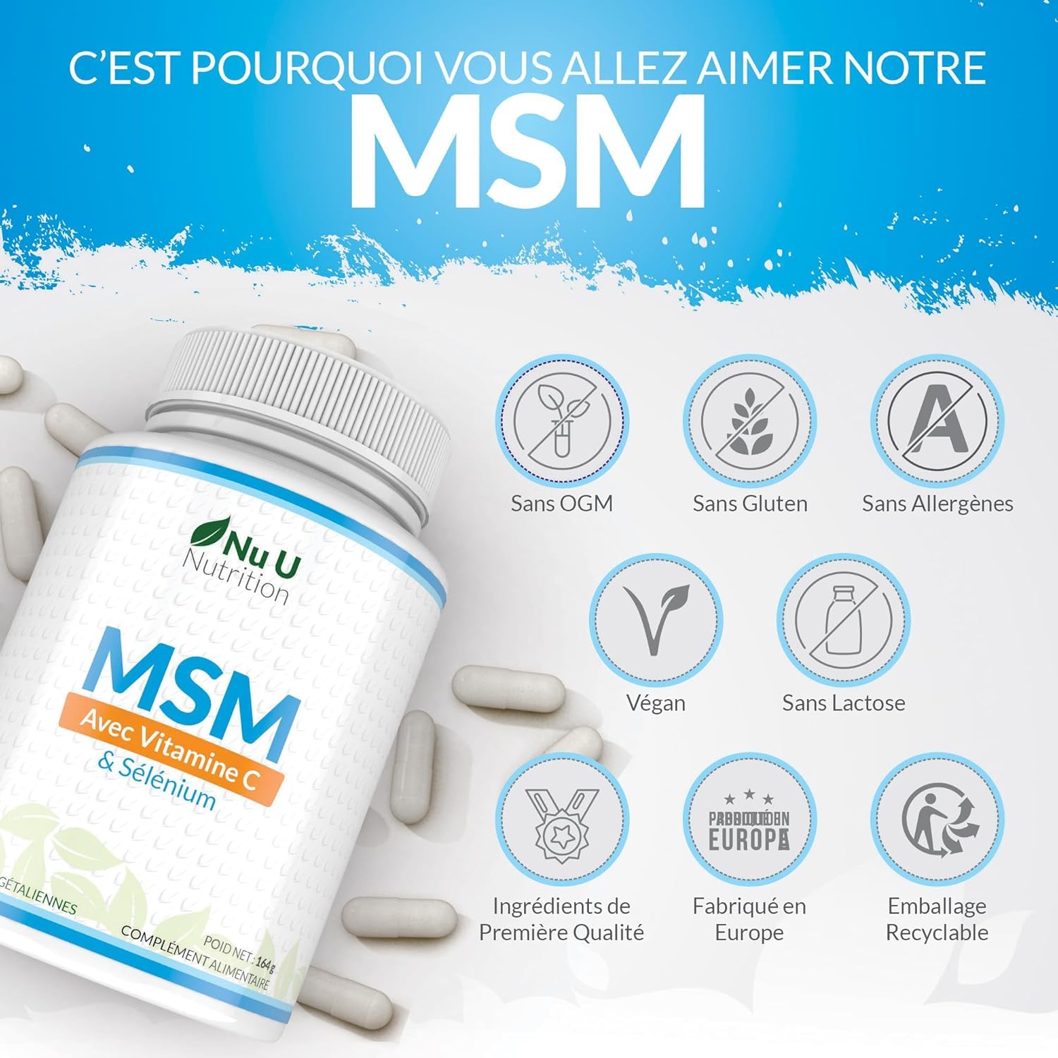 MSM avec Vitamine C et Sélénium - 180 Gélules Vegan - Méthylsulfonilméthane Haute Puissance - Fabriqué en Europe - Nu U Nutrition