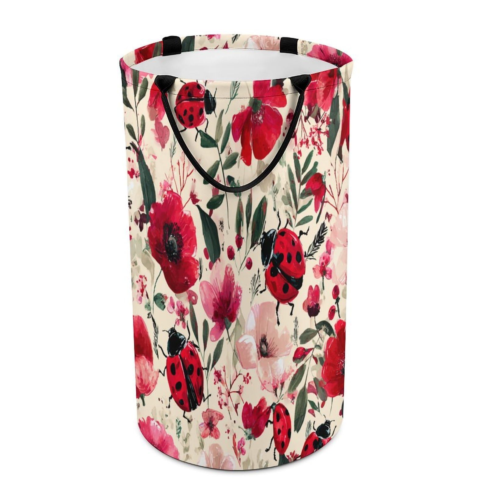 LUYYSKY Rustic Cartoon Cute Ladybug Versatile Storage Laundry Basket, Colorful Oil Painting Floral Garden Ladybug Pattern Large Capacity Bathroom Hamper With Handle