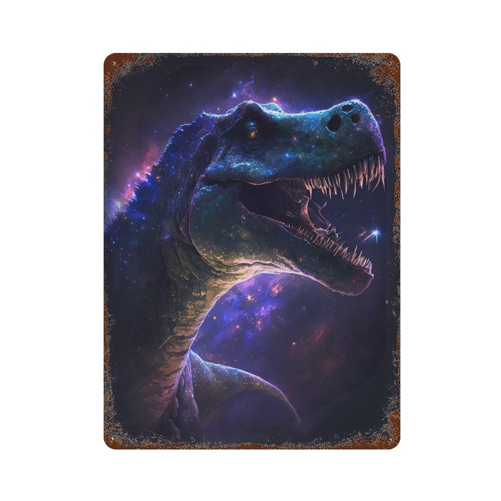 Rust Effect Galactic Dinosaur Art Print-6 Rusty Metal Tin Sign 15.7"x11.8", Farmhouse Wall Decor for Cafe, Home Bar And Lounge Decor