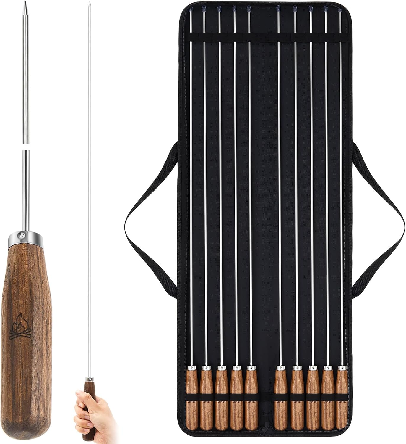 Maxdot 10 Pack Smores Sticks for Fire Pit 34" Extra Long Roasting Candy Stick Campfire Hot Dog Accessories Kit Metal Skewers Roast with Walnut Wood Handle and Storage Bag for Outdoor Camping BBQ