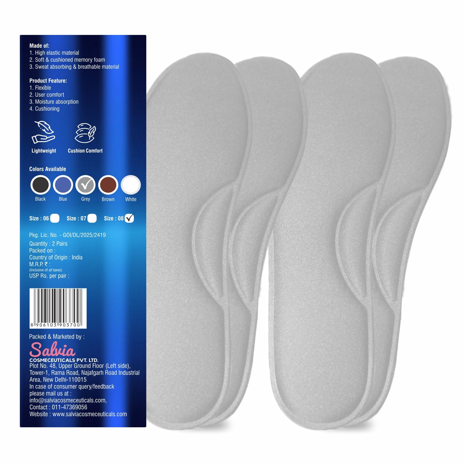 Footvital Memory Foam Shoe Insoles for Men and Women | Soft Cushioned Inserts for Long Standing and Walking | Supports Heel and Arch | Shock Absorbing | Moisture Absorbing | Lightweight Washable Insoles for All Shoes | 2 Pairs | Grey | Size 8