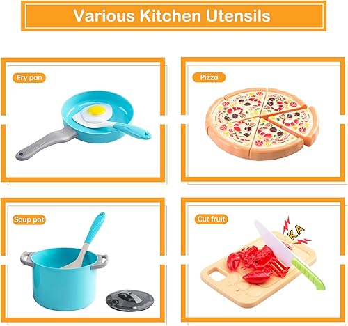 Miniatura 23 de Juego de cocina de 130 piezas, ollas de juego de cocina para niños, sartenes, utensilios de cocina, alimentos diarios, frutas y verduras, cesta