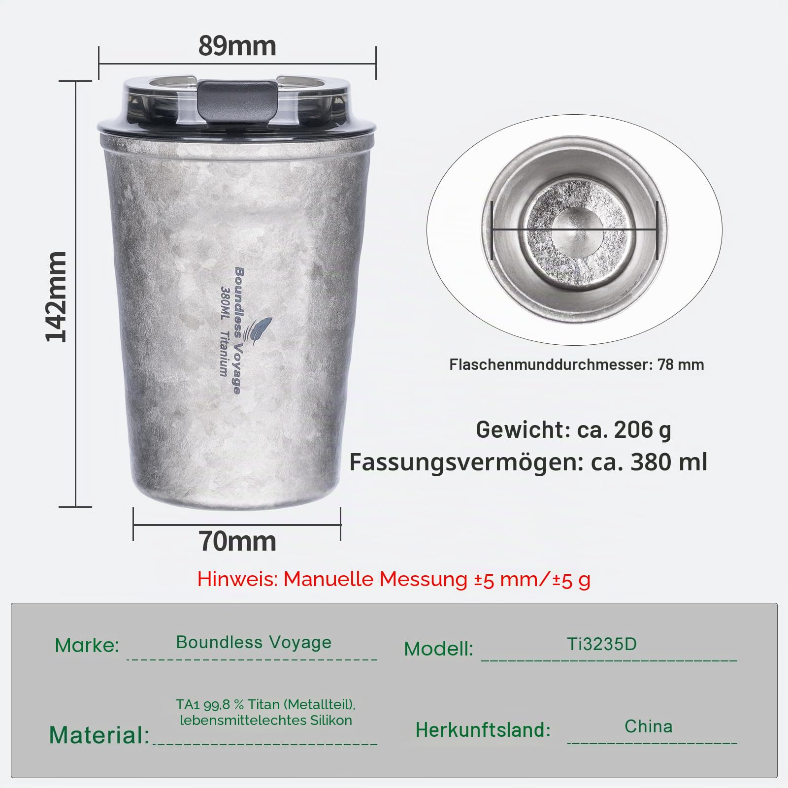 Boundless Voyage Thermobecher Titan Isolierte Kaffeetasse Doppelwand Tee Wasser Tasse Travel Mug mit Deckel 380ml-3235D