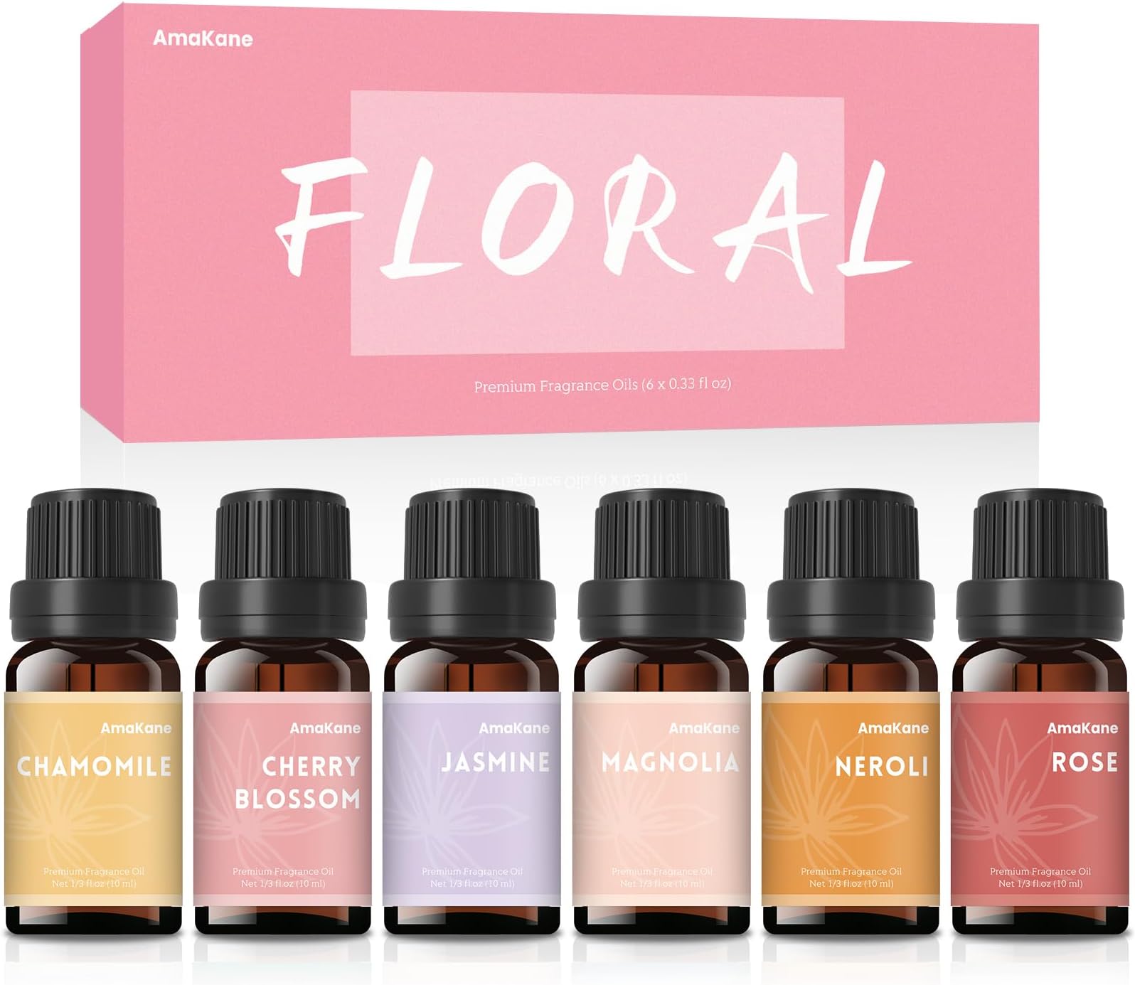 AmaKane Floral Fragrance Oils, Flower Essential Oils for Diffusers for Home, Candle Soap Making Scents 6x10ml, Rose, Jasmine, Chamomile, Neroli, Magnolia, Cherry Blossom Essential Oil