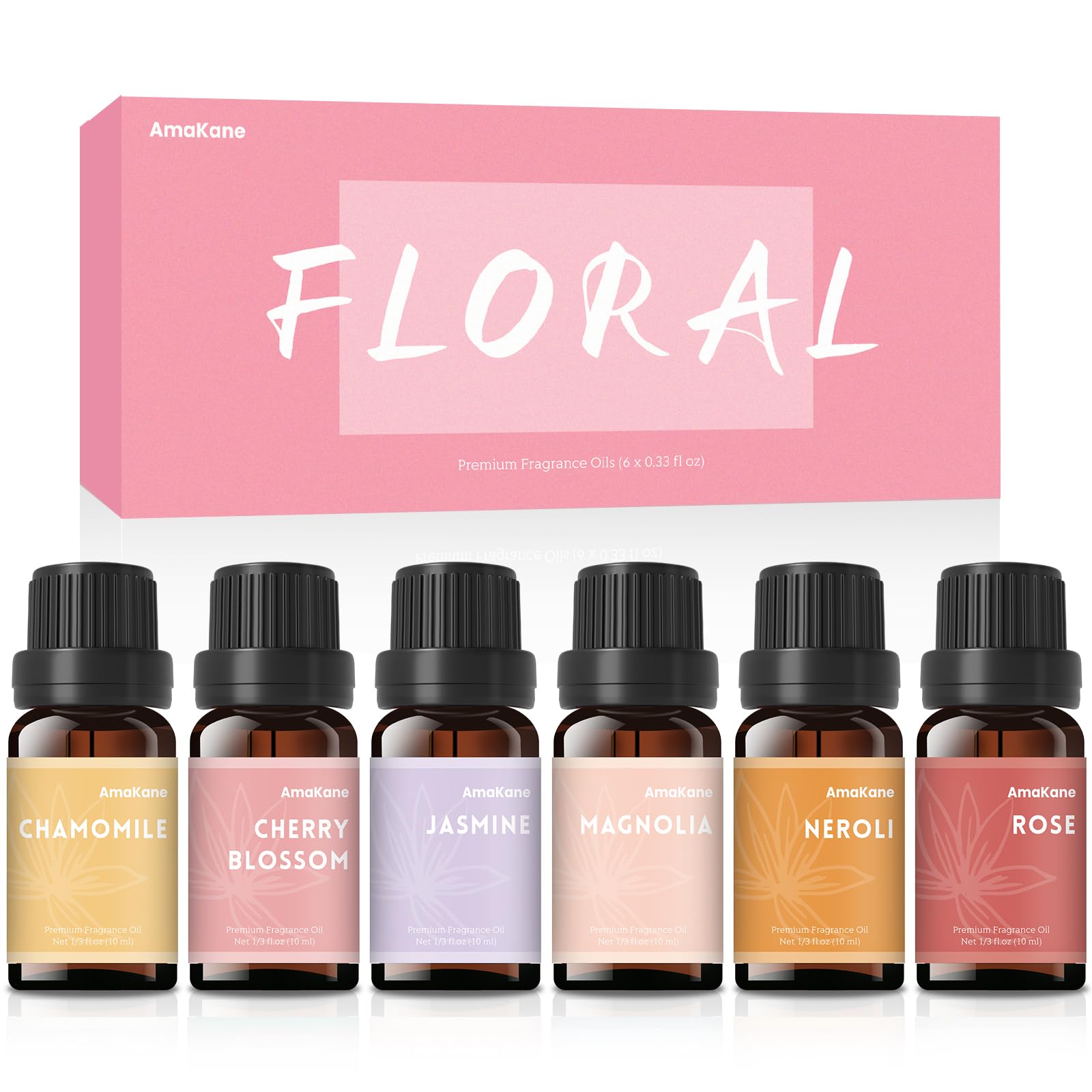 AmaKane Floral Fragrance Oils, Flower Essential Oils for Diffusers for Home, Candle Soap Making Scents 6x10ml, Rose, Jasmine, Chamomile, Neroli, Magnolia, Cherry Blossom Essential Oil