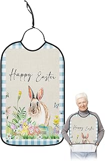 BOBOWUNY Spring Easter Adult Bibs for Elder Women Men Eating, Colorful Eggs Flowers Bunny Blue Checkered Waterproof & Washable Bibs for Eating Clothing Protector Dining Bibs for Crumb Catcher