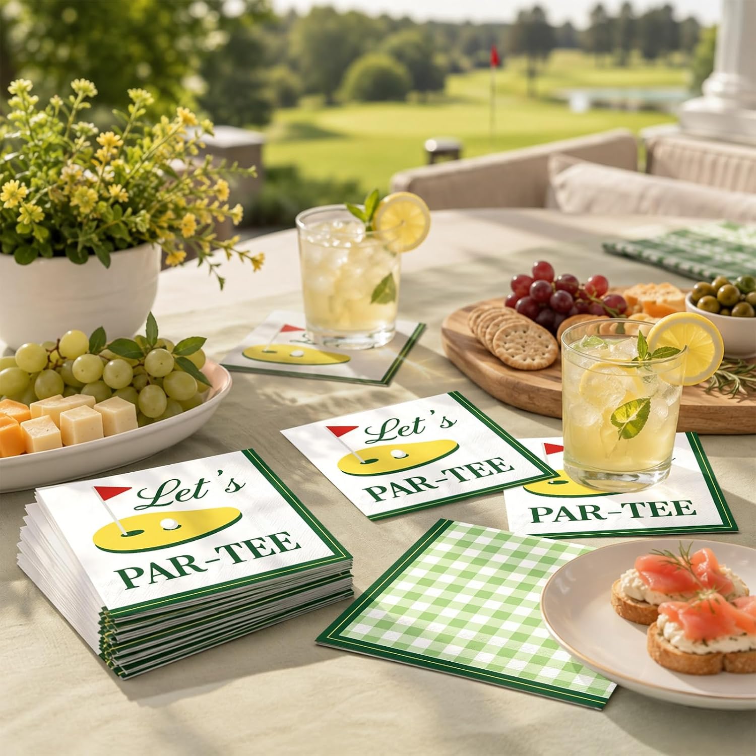 FYSUIMU 50 Pcs Golf Cocktail Napkins Green Checkered Let’s PAR-TEE Paper Napkins Disposable Decorative Beverage Napkin for Golf Themed Party Birthday Gathering Supplies