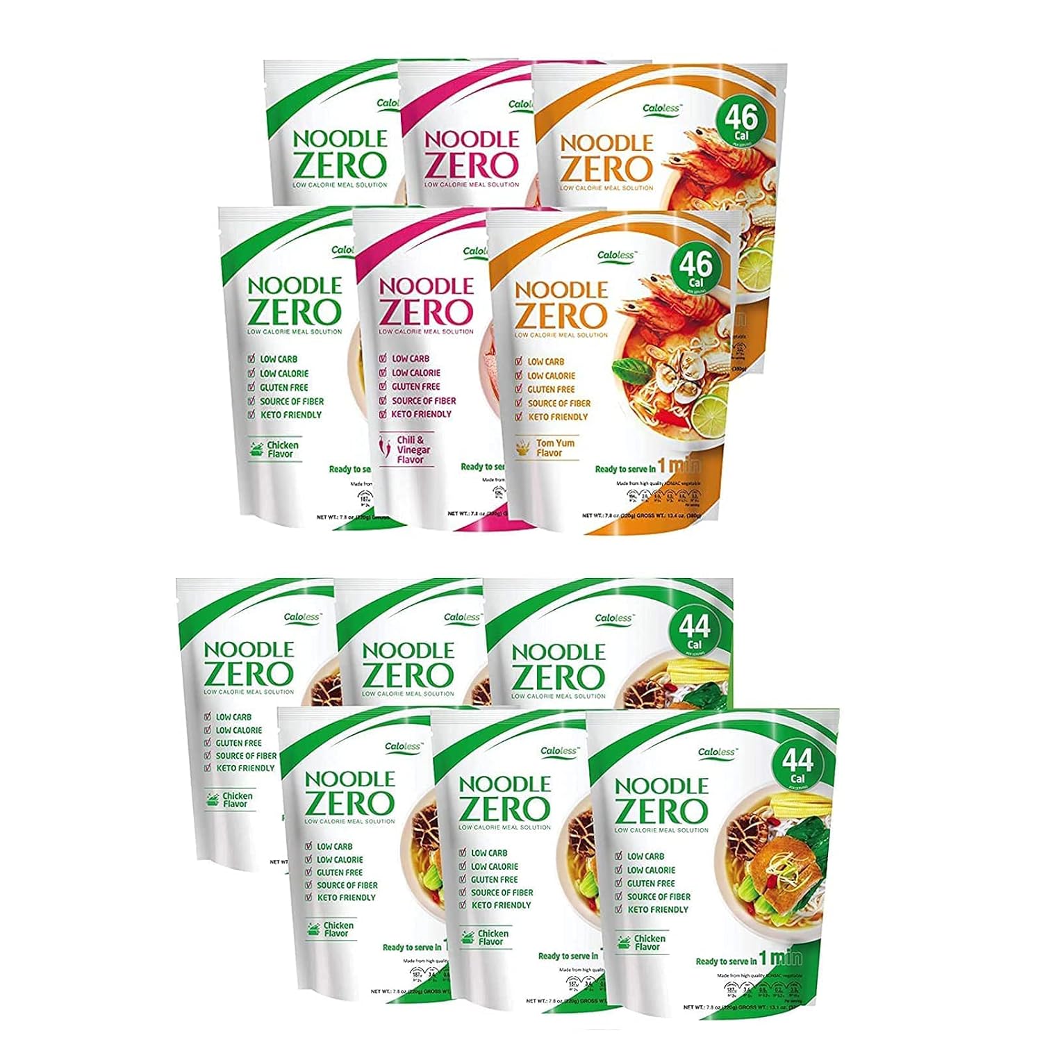 Caloless Konjac Shirataki Noodles12-Pack Low Calorie Healthy Food Weight Loss (Chicken/Tom Yum/Chilli & Vinegar)-Gluten Free, Keto Snacks, Non Gmo, Low Carbs Glucomannan Diabetic Noodle Pasta Flavor